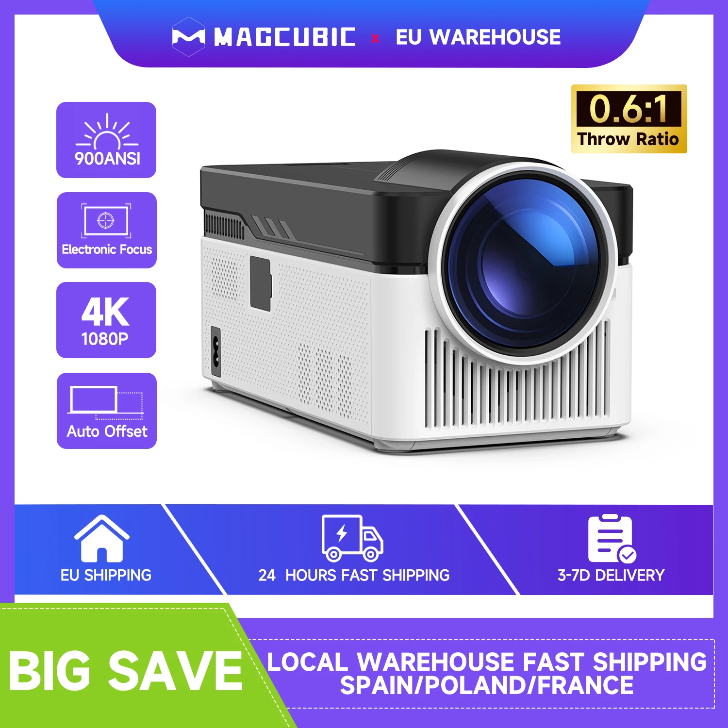 Proiettore Magcubic HY450 a ottica ultra corta con offset automatico 1080P 8K Messa a fuoco elettronica 900 ANSI WiFi6 BT5.4 Allwinner H716 Voice