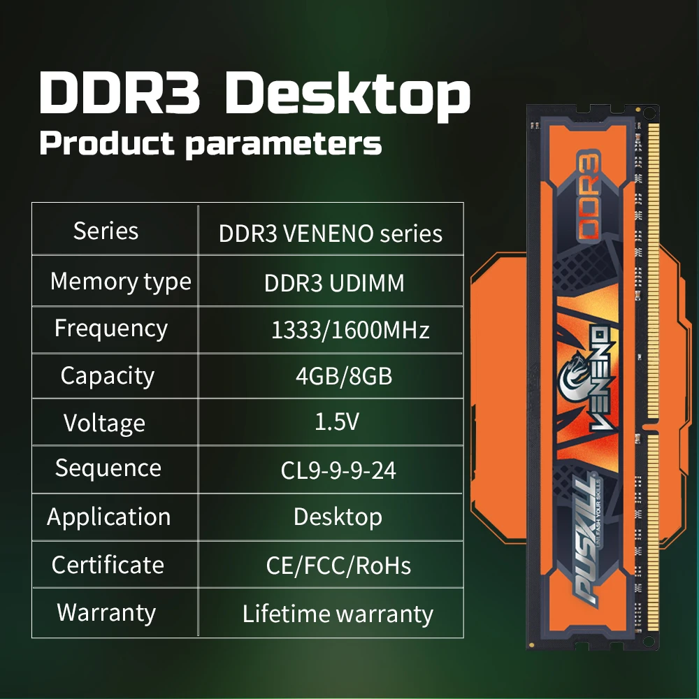 Puskill Veneno Ddr3 Memoria Ram 8Gb 4Gb 1600Mhz 1333Mhz 1.5V 240-Pin Desktop Udimm Dimm Geheugen