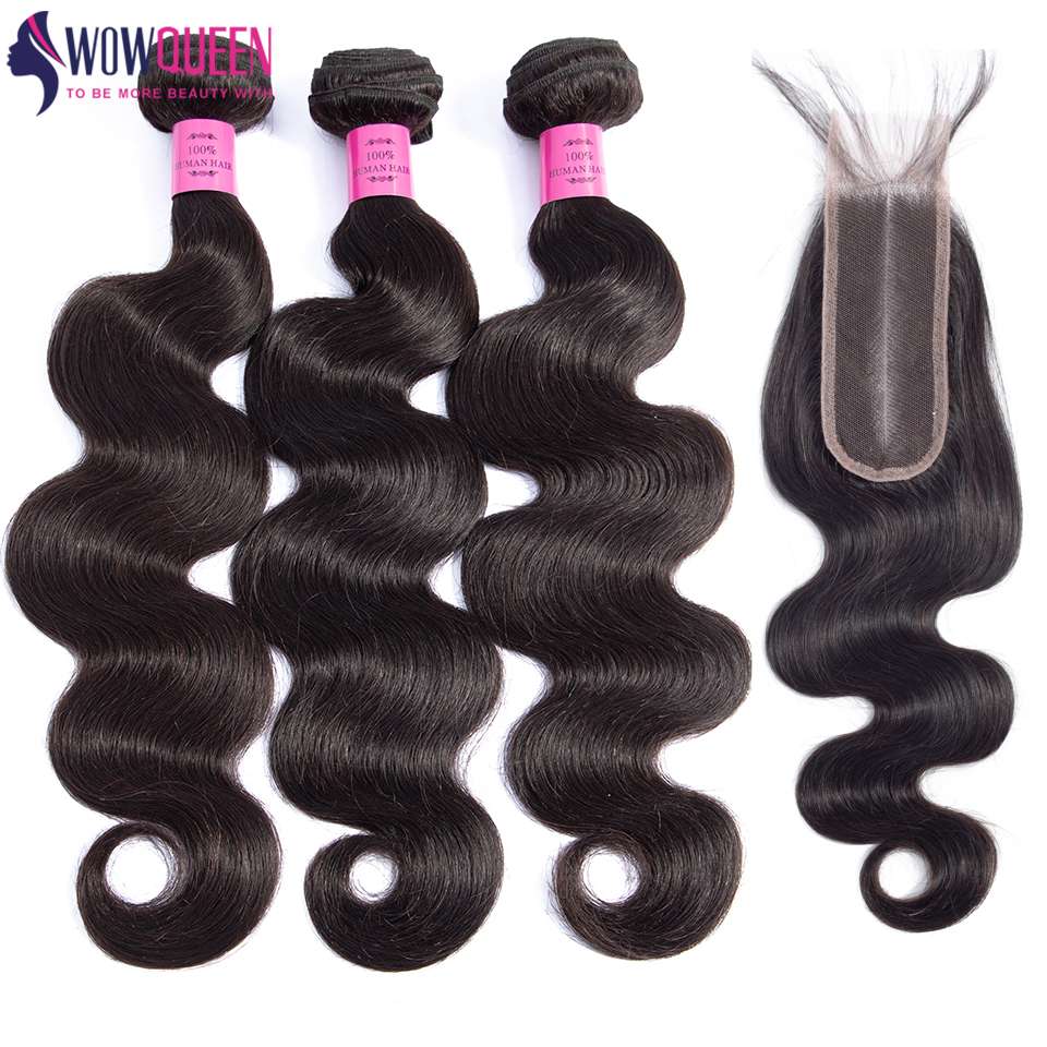 Pacotes brasileiros da onda do corpo com fechamento, cabelo humano natural, fechamento do laço, 3 Pacotes, 4 Pacotes, 2x6, 4x6