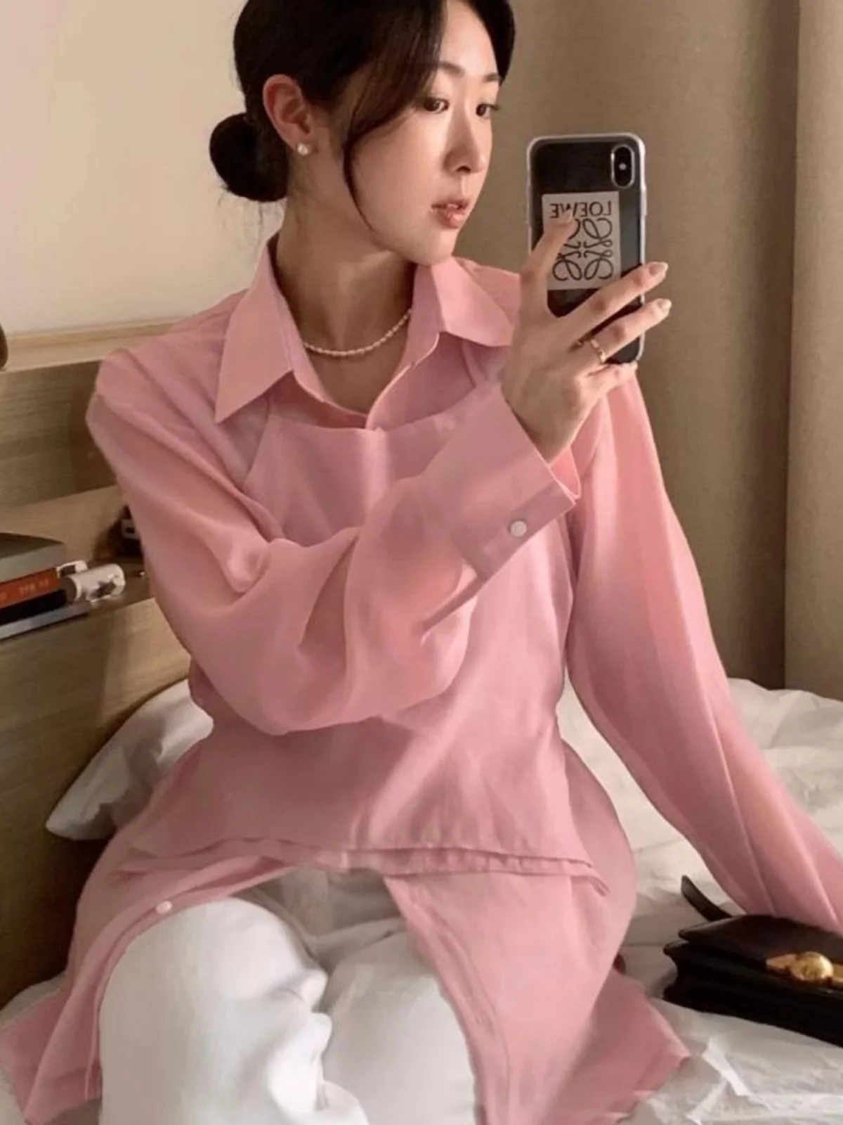 Autumn Versatile Long Sleeve Shirt Neck Hanging Layering Back Belted Vest Two Piece Set Fashionable Ensemble for Young Women