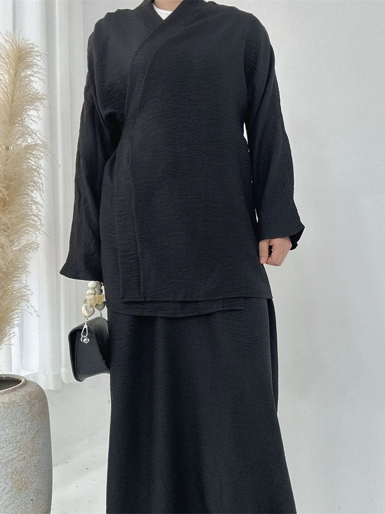 Eid plain 2 peça abaya conjunto topos saia modesto conjuntos muçulmanos abayas para roupas femininas robe caftan marocain femme musulmane kaftan