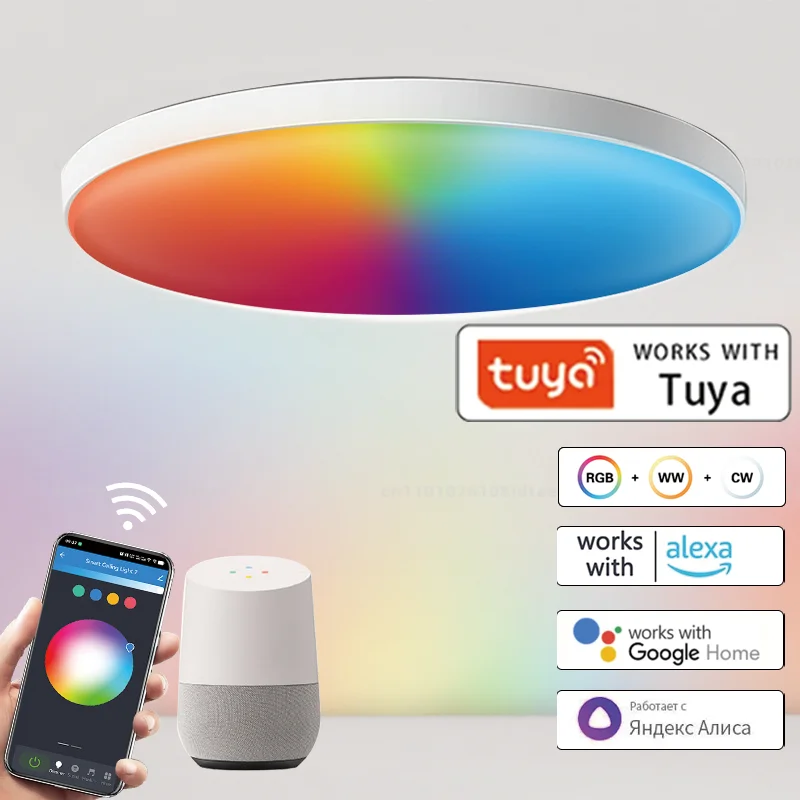 Inteligentna lampa sufitowa WiFi Tuya 24W RGBCW okrągła lampa nastrojowa sterowana aplikacją, kompatybilna z Alexa i Google Home, do sypialni i domu.