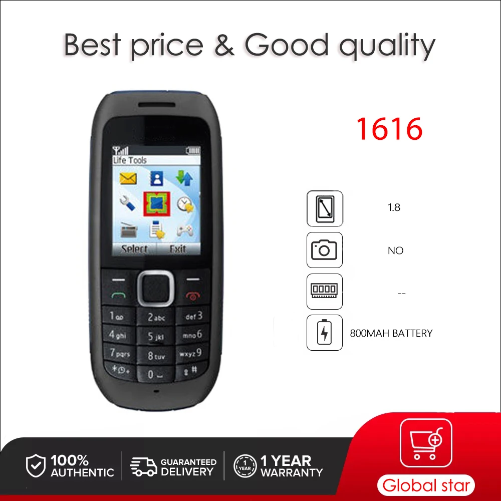 Original Unlocked 1616 Loudspeaker Bluetooth Mobile Phone Russian Arabic Hebrew Keyboard Made in Finland