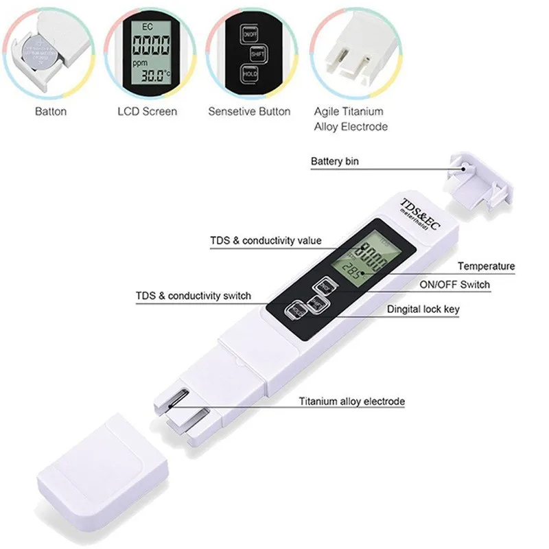 Probador de agua Digital TDS de mano blanco, alta precisión, agua del grifo purificada para el hogar, pantalla grande multifuncional, 1 ud.