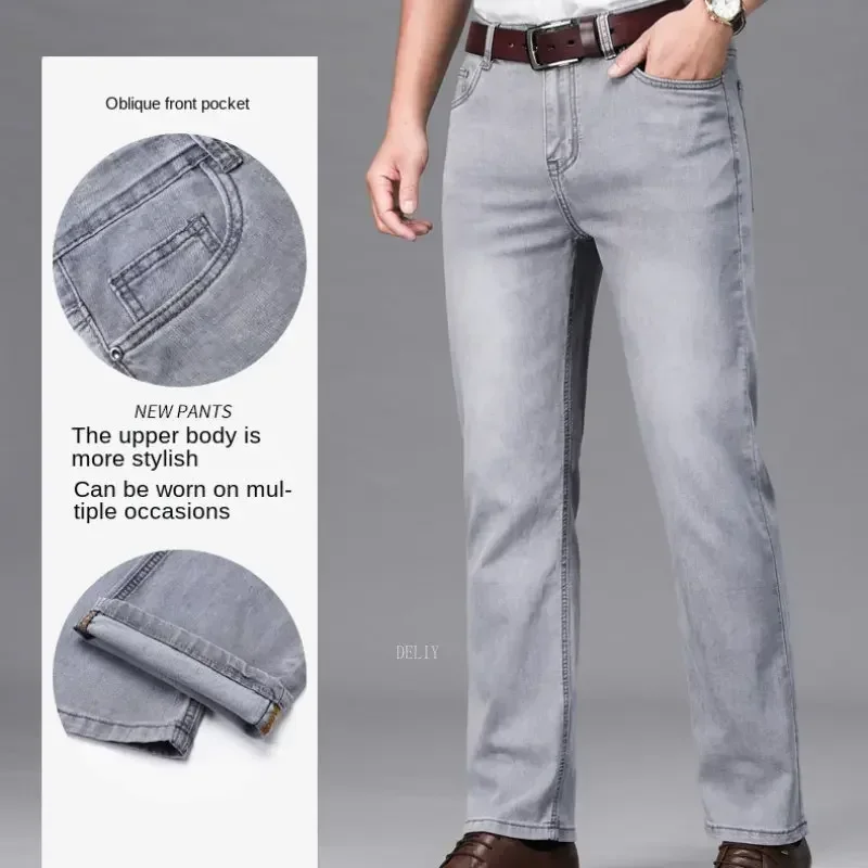 2024 Marke Dünnes oder Dickes Material Gerade Baumwolle Stretch Denim Herren Business Casual Hohe Taille Hellgrau Blau Jeans