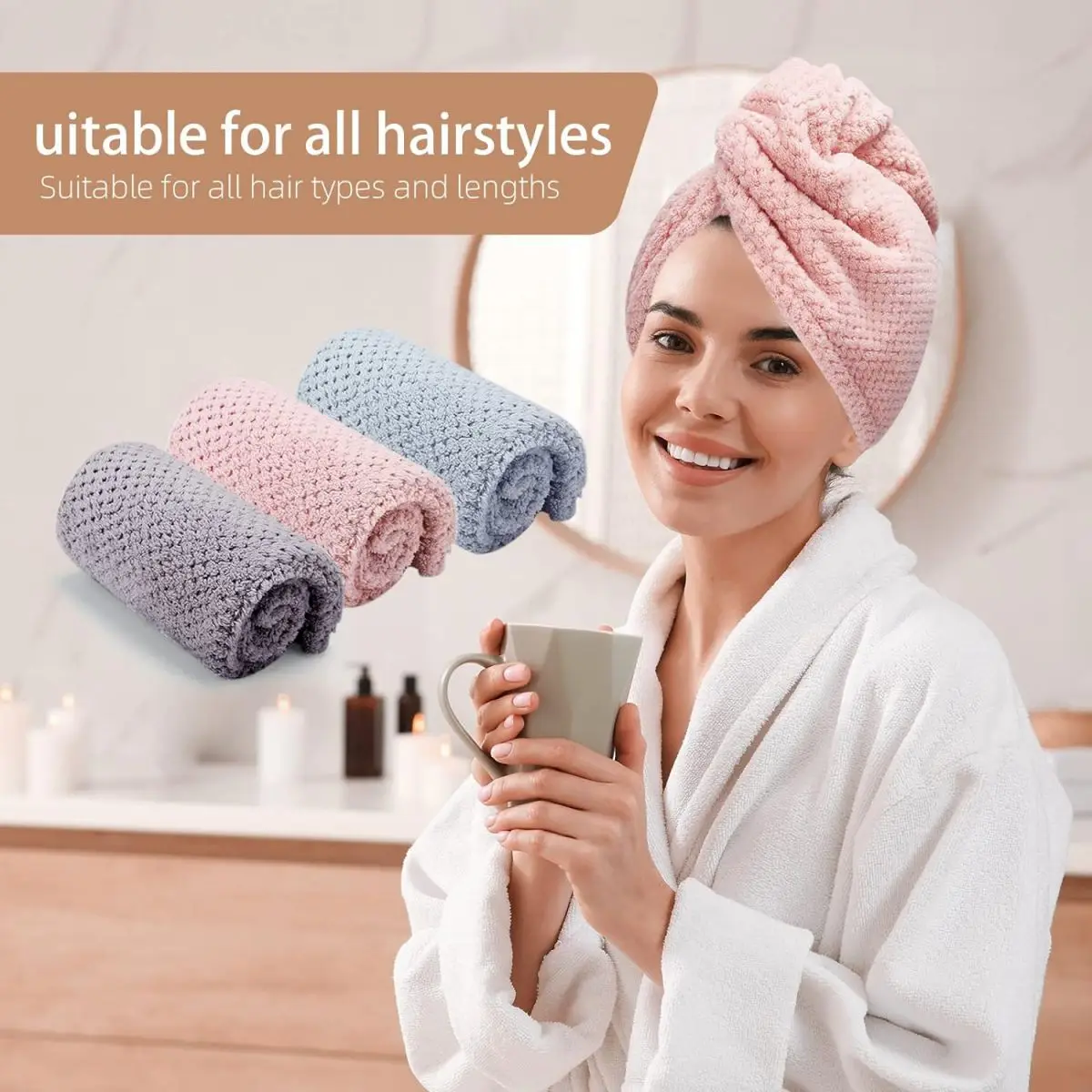 Toalha de cabelo de cor sólida Touca de cabelo seca texturizada 9,8 "X 25,5" envoltório de toalha de cabelo absorvente para mulheres com botões