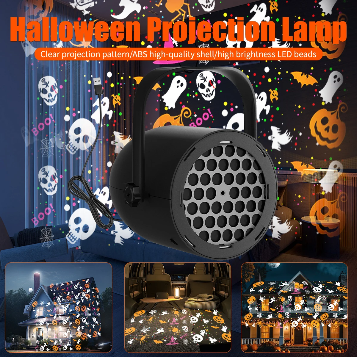 Luz LED de proyección de patrón de Navidad y Halloween, lámpara decorativa de fiesta USB de 5V, lámpara de proyector giratoria de copo de nieve fantasma de calabaza