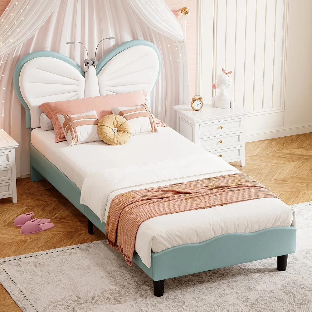 Lazyspace vlindervormige hoofdeinde kinderbedden met LED-leeslampen, 90x200cm in hoogte verstelbaar PU-lederen bedframe