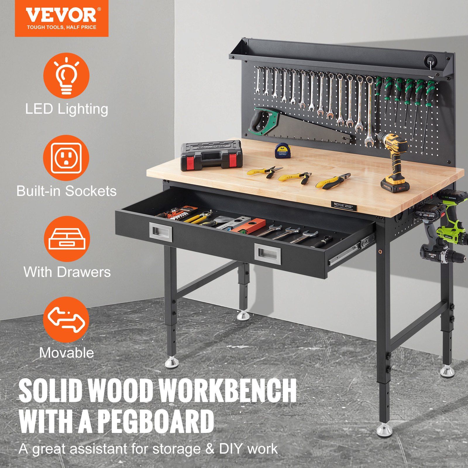 "48x24" Adjustable Workbench – 2000-lb Capacity, Oak & Steel – Includes 30 Hooks & 3m Cable"