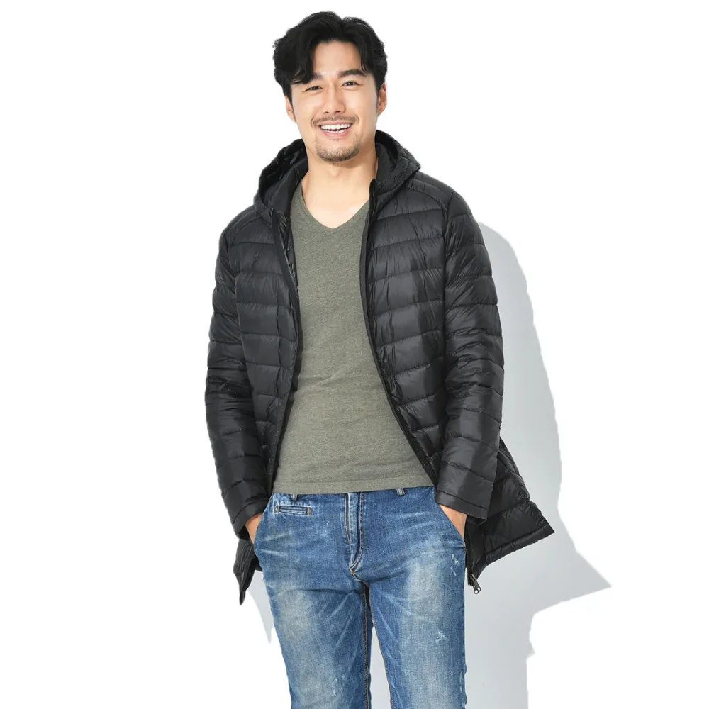 2024 新メンズウルトラライトダウンジャケット春秋冬ロングダウンコート暖かい男性ホワイトダックダウン軽量フード付きパーカー