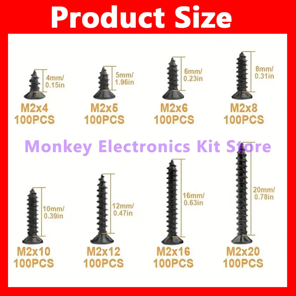 800PCS/1 Set M2 Black Phillips Self Tapping Screw Assortment Kit Locking Screws And Wood Screws