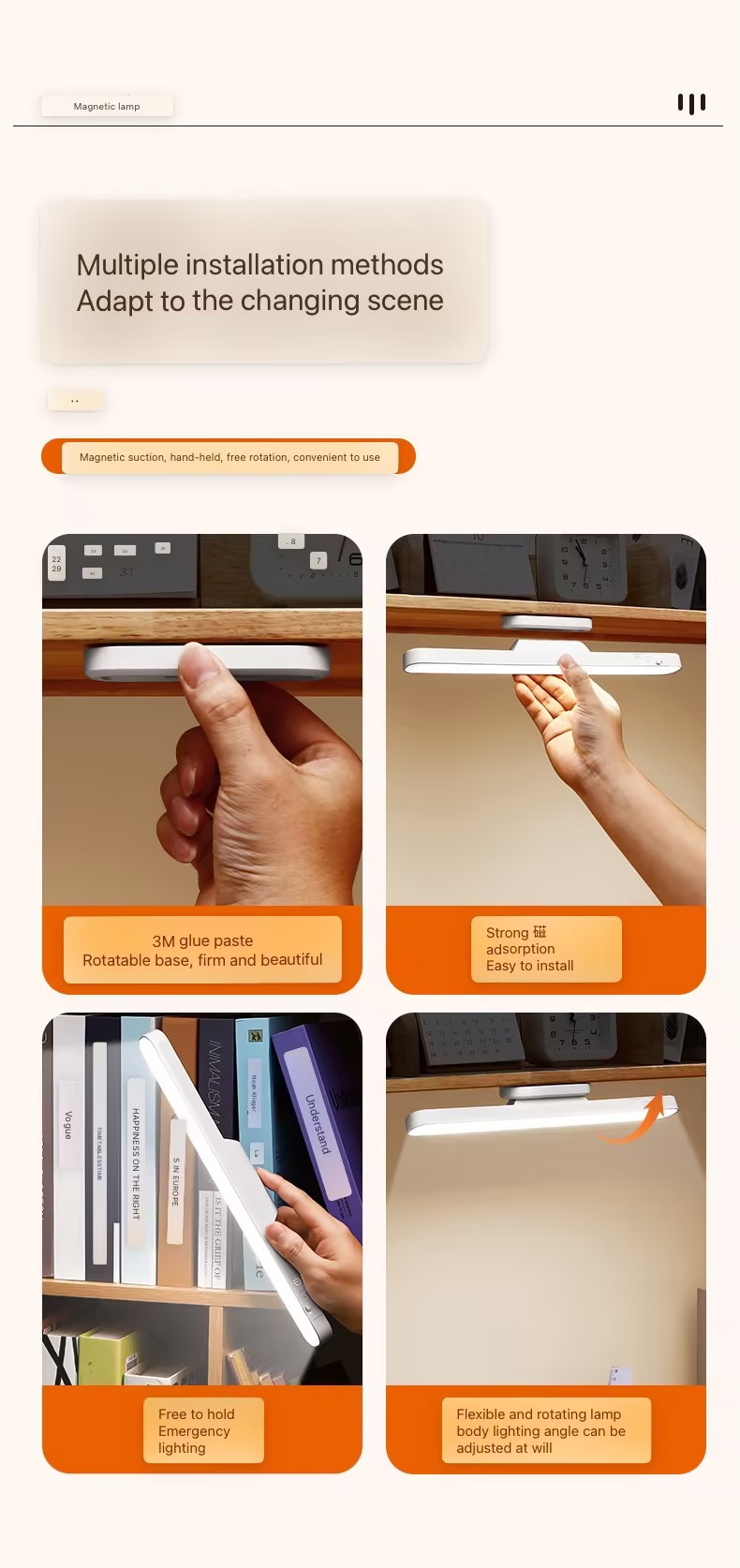 LED Desk Lamp Magnetic Hanging Night Light USB Rechargeable Table Lamp 3 Colors Reading Light For Cabinet Closet Wardrobe