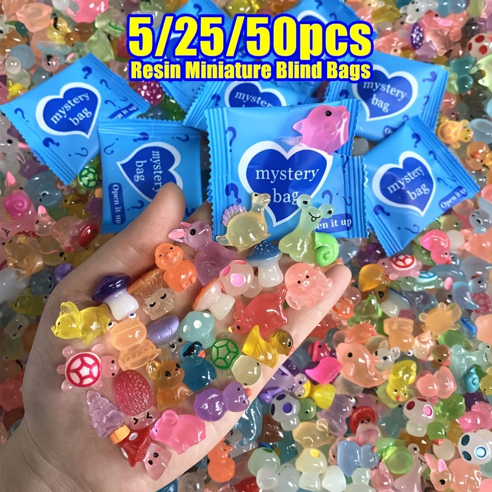 5/25/50 Uds. Mini bolsas ciegas de animales y setas de resina que brillan en la oscuridad decoración de jardín de hadas, micropaisaje, sorpresa de regalo de cumpleaños