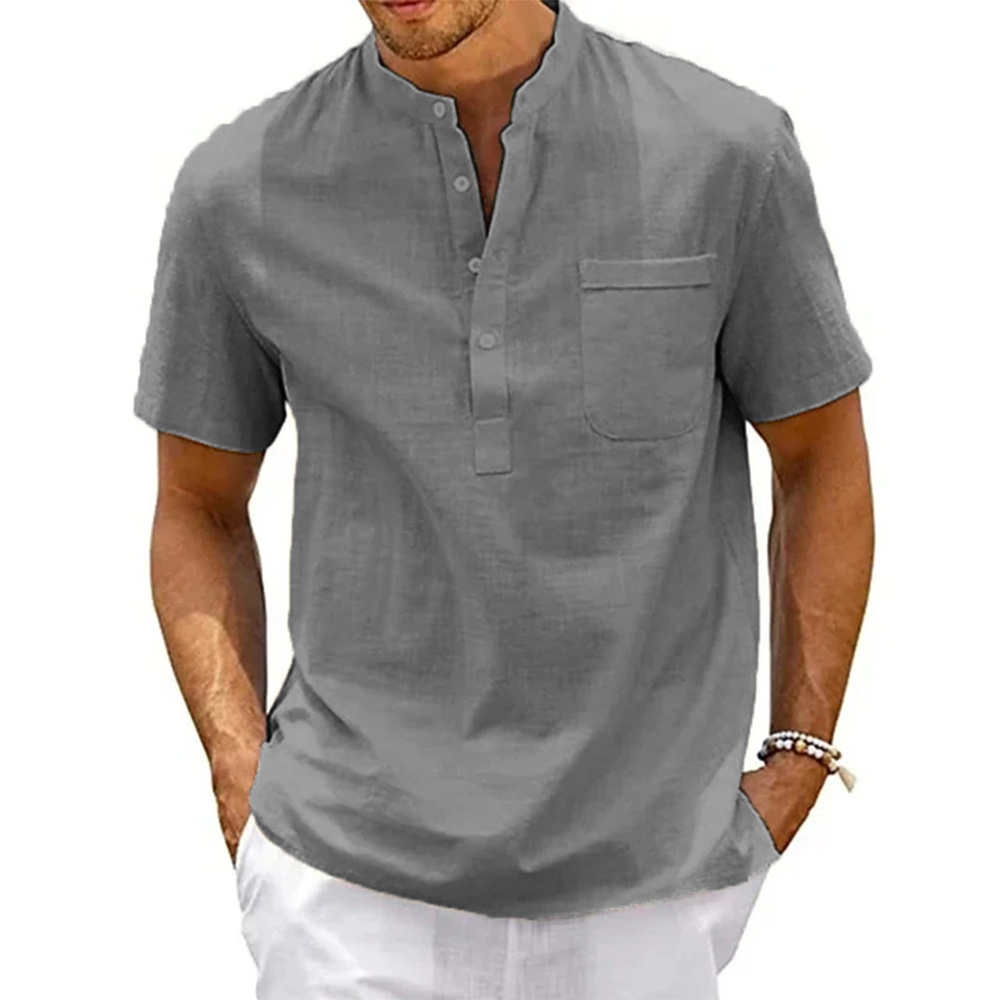 Bawełniana lniana koszula męska Henley Neck Pocket Casual Beach Short Sleeve Solid Color Male Tops T-shirts Vintage Streetwear