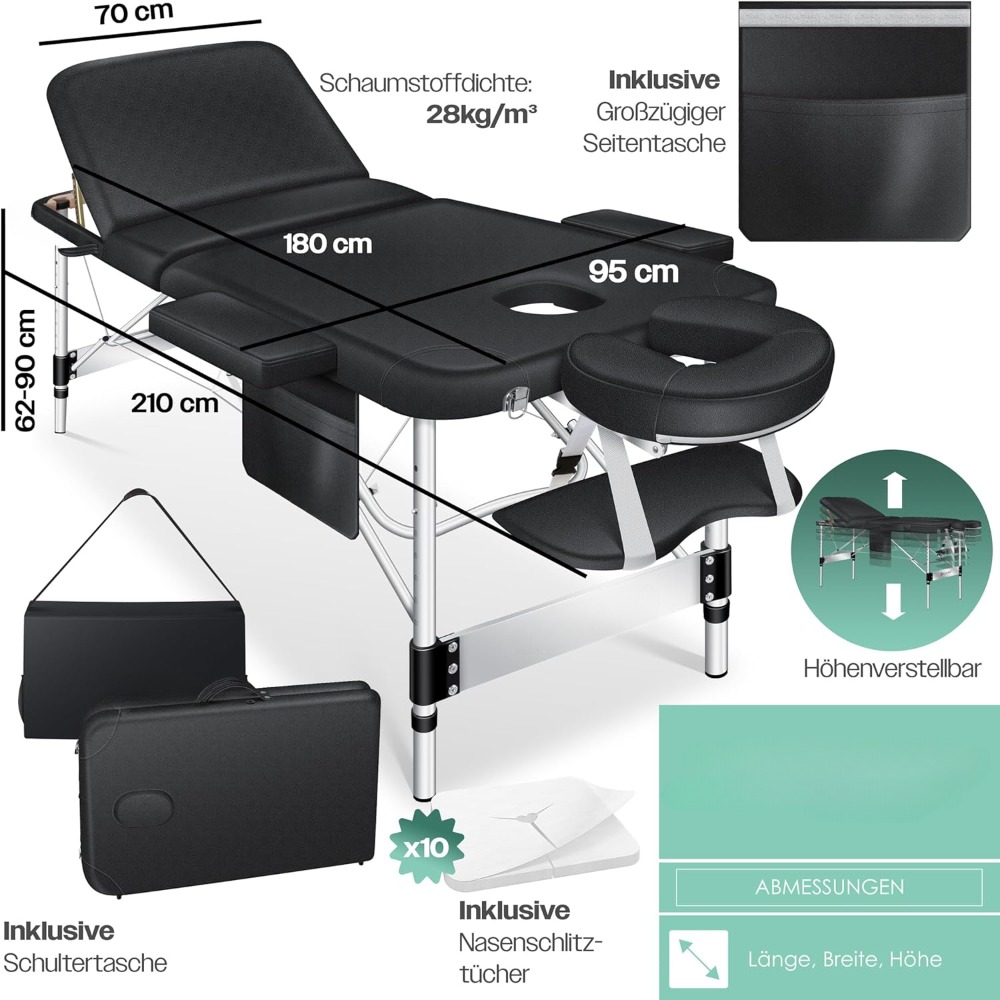 Mobiler Massagetisch 70 cm breit, klappbar und höhenverstellbar, 3 Zonen, Massagetisch, Schminktisch, Behandlungstisch
