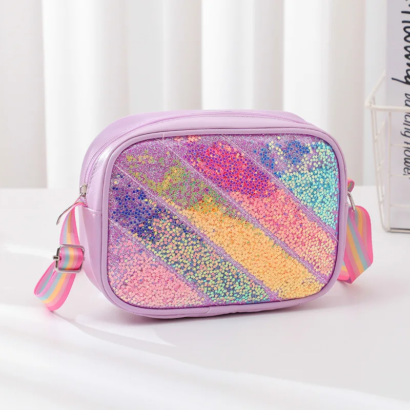 Bonito colorido lantejoulas sacos de ombro para crianças arco-íris listra design crianças crossbody saco linda meninas quadrado moeda bolsa bolsas