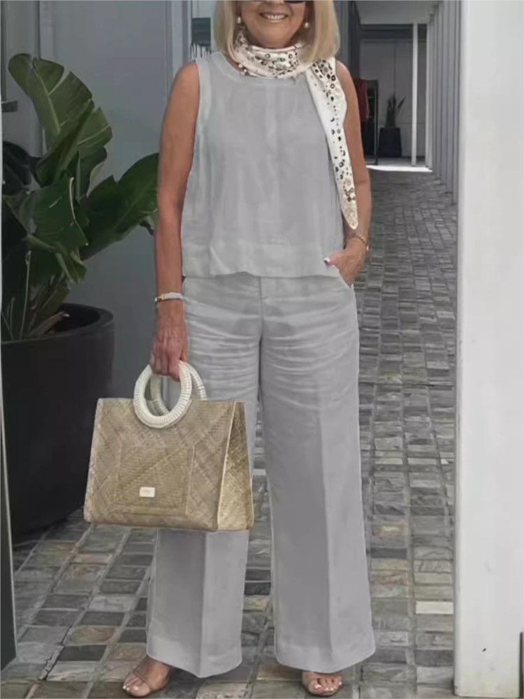 女性用リネンとコットンの服セット,ルーズフィット,ノースリーブ,ワイドレッグ,カジュアルウェア,2枚