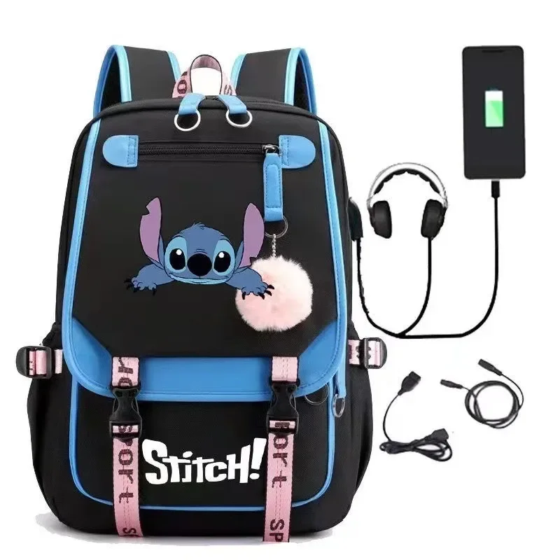 MINISO Disney 2025 New Series Cute Stitch Casual USB Charging Bag Students Large Capacity Fashion Zipper High-quality Backpack
