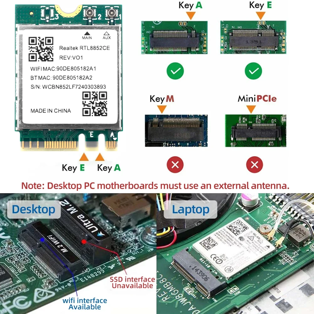 Сетевая карта Wi-Fi 6E RTL8852CE M.2 5400 Мбит/с 802.11AX Bluetooth 5.3, беспроводной адаптер, трехдиапазонный 2,4/5/6 ГГц для Windows 10/11