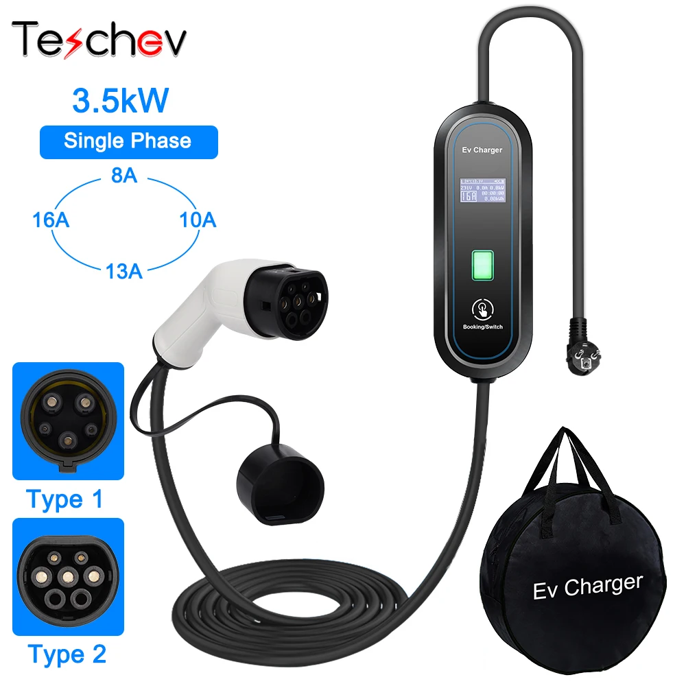 Teschev 3.5KW 16A EV cargador portátil Type2 EVSE caja de carga cargador de coche eléctrico J1772 Type1 cargador de vehículo eléctrico
