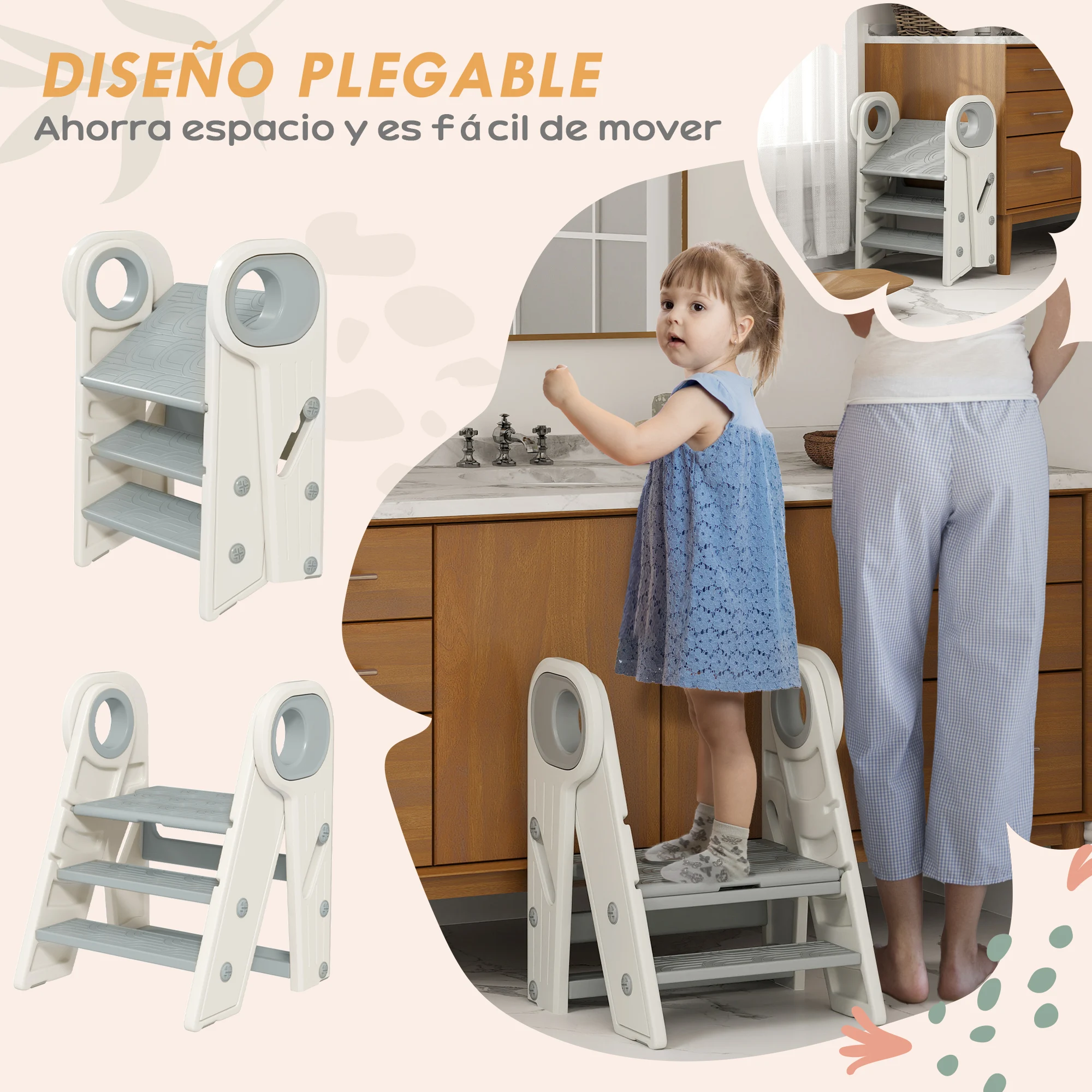AIYAPLAY Taburete para Niños Plegable y Adjustable con Asa Gris y Blanco