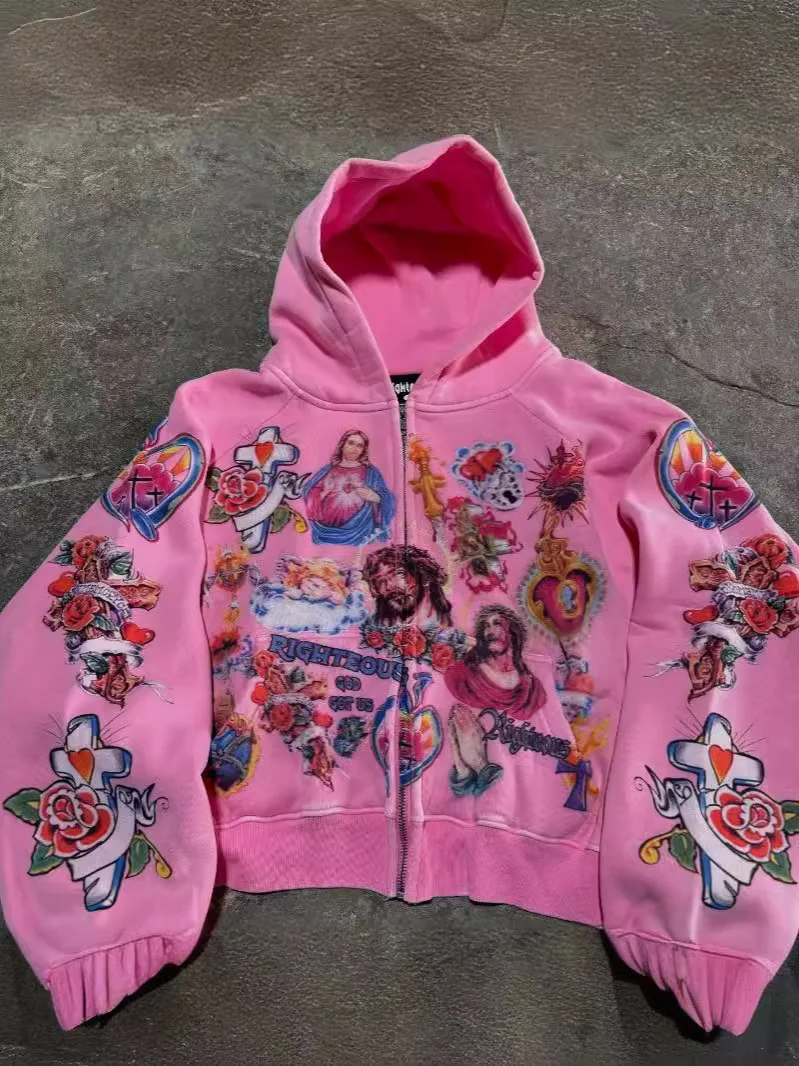 Fmxires2025 Ropa informal de calle Sudadera con capucha estampada con patrón retro Sudadera con capucha holgada para hombre Sudadera con capucha deportiva de moda de rock gótico