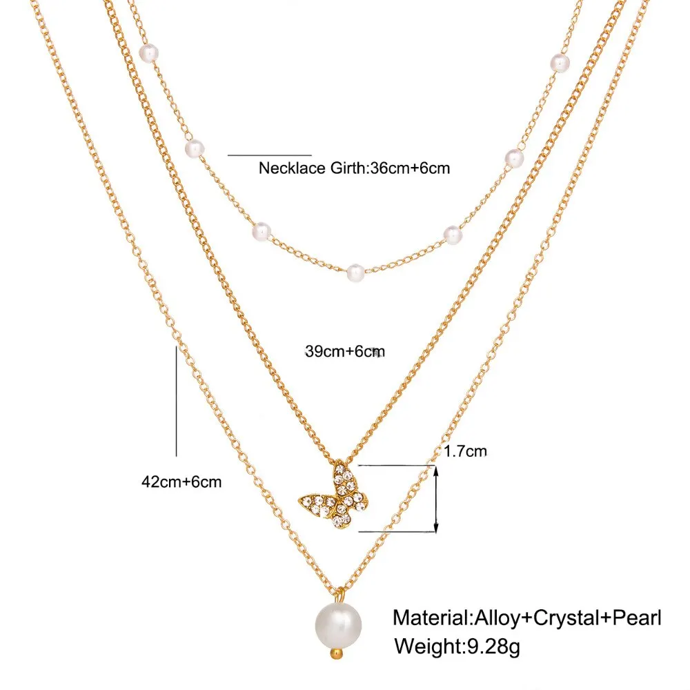 3PCS Anzug Retro Multilayer Halskette Verziert Mit Künstliche Perle Schlüsselbein Kette Kreative Einfache Schmetterling Anhänger Halskette