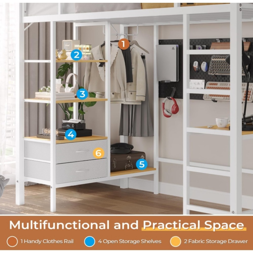 Loft Bed Twin Size with Desk and Charging Station Metal Loft Bed with Led Lights,Storage Shelves and Drawers Twin Size Bed