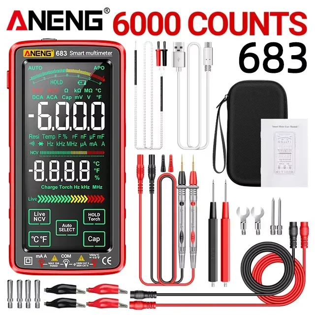ANENG 683 6000 นับหน้าจอสัมผัสชาร์จมัลติมิเตอร์แบบดิจิตอล Smart Anti-Burn Universal เมตร VA ย้อนกลับจอแสดงผล NCV เครื่องทดสอบ