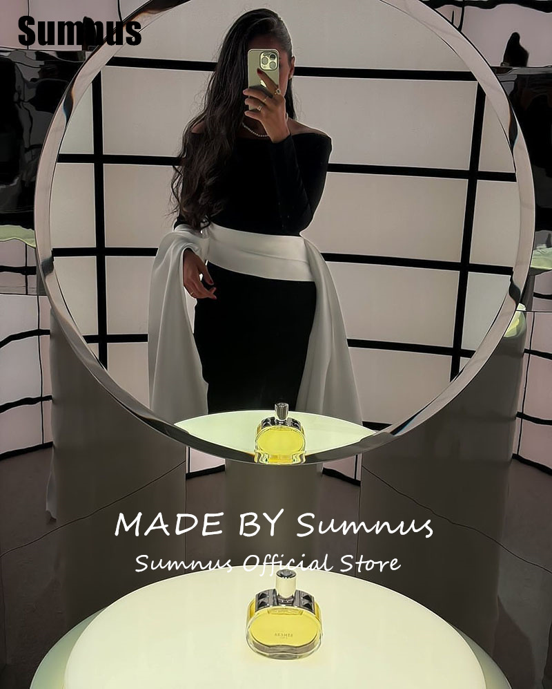 SUMNUS สีดําและสีขาวปิดไหล่ Mermaid Prom Dress Elegant Party Dresses แขนกุดความยาวชั้นชุดอย่างเป็นทางการที่กําหนดเอง