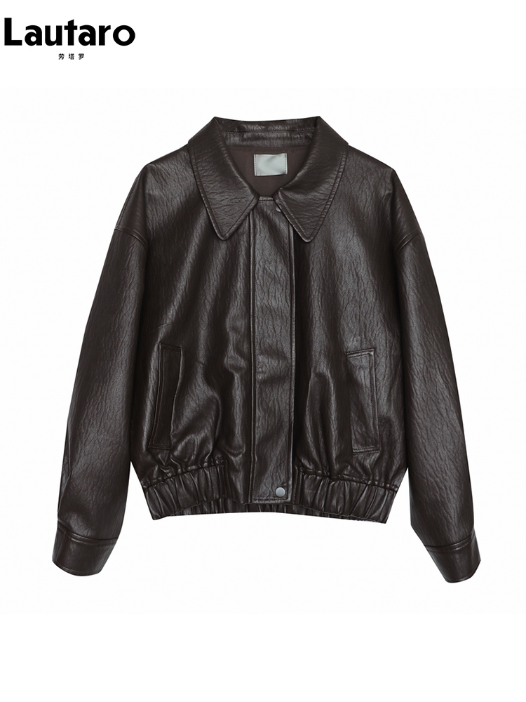 Lautaro แจ็กเก็ตหนัง PU แข็งสั้นสีน้ำตาลเข้มสำหรับฤดูใบไม้ผลิฤดูใบไม้ร่วงเท่ๆ2024เสื้อผ้าดีไซน์หรูหรามีซิปสำหรับผู้หญิง