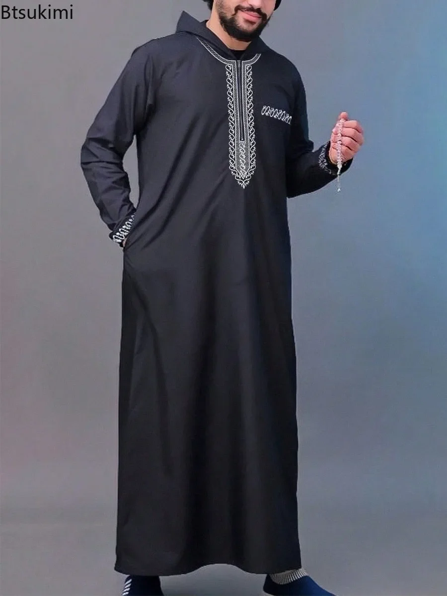 2025 vestido masculino muçulmano estilo étnico bordado manga longa gola kaftan roupas islâmicas luxo elegante com capuz robe