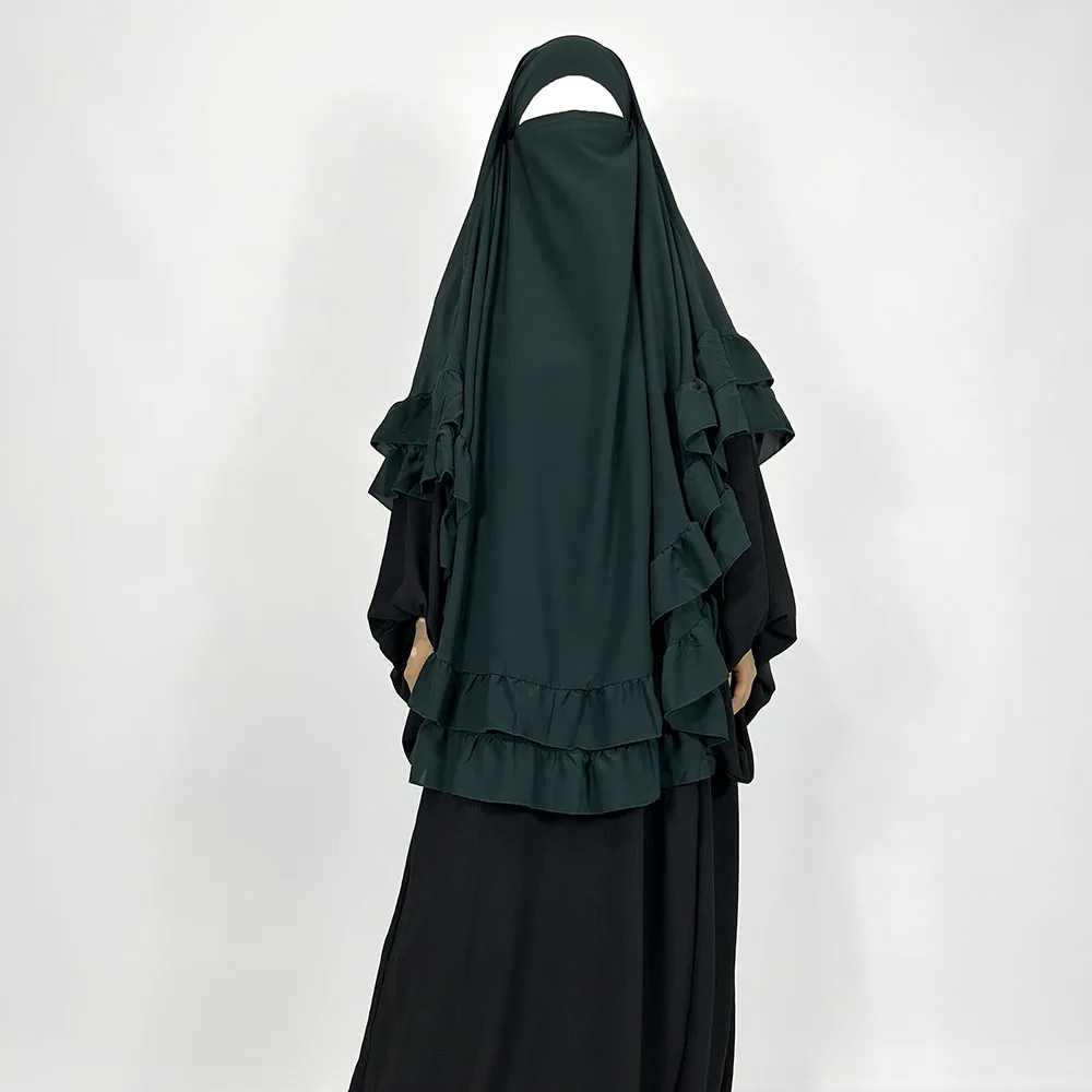 New Two Layer Ruffle Chiffon Khimar with Niqab Strings High Quality Lightweight Breathable Wholesale Muslim Prayer Veil Hijab
