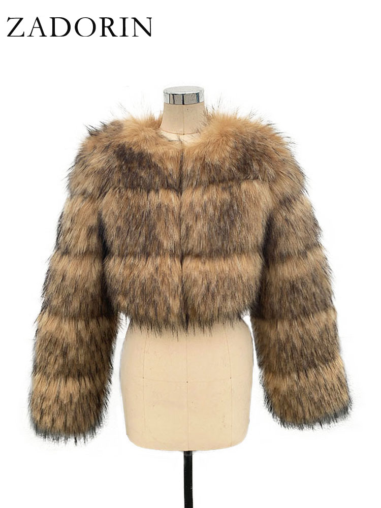 ZADORIN-Manteau court en fausse fourrure de raton laveur pour femme, col rond, manches longues, moelleux, veste courte en fausse fourrure, haut court, haute qualité, mode hivernale