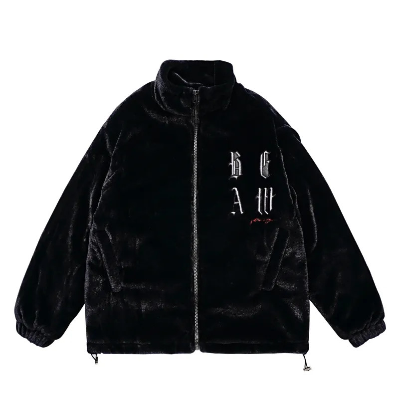 Imitation Mink Rabbit Fur Stand Embroidered Fleece Jacket Men Winter Casual Thickened Coat Unisex Hip Hop Warm Streetwear