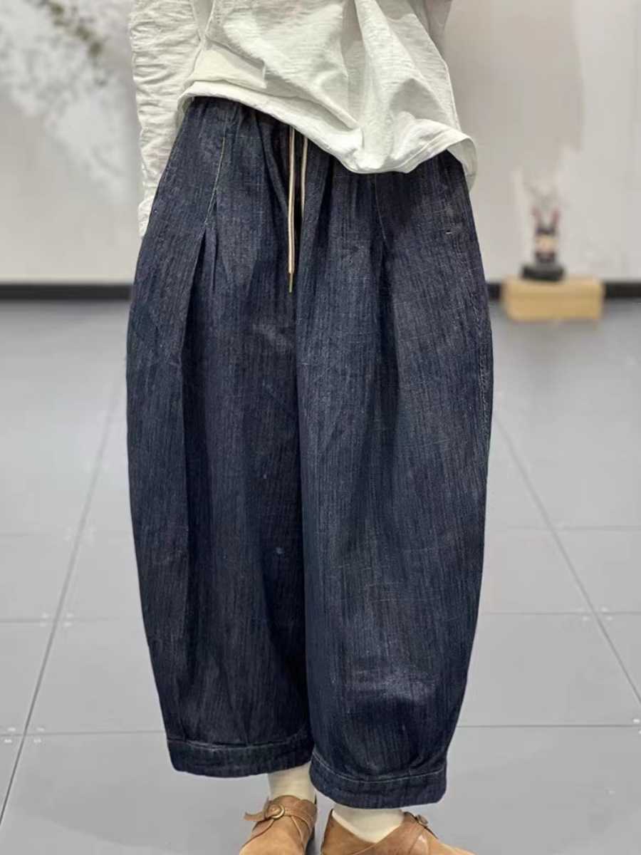 プラスサイズの女性のルーズフィット巾着ウエストデニムパンツハイウエストワイドレッグハーレムパンツ春のファッションプラスサイズジーンズ