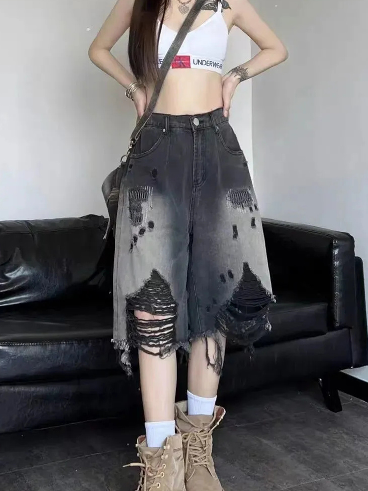Zoki 原宿穴 Y2K デニムショーツ女性ストリートヴィンテージグラデーションジーンズショーツアメリカンレトロ Bf ヒップホップデザインショーツ新