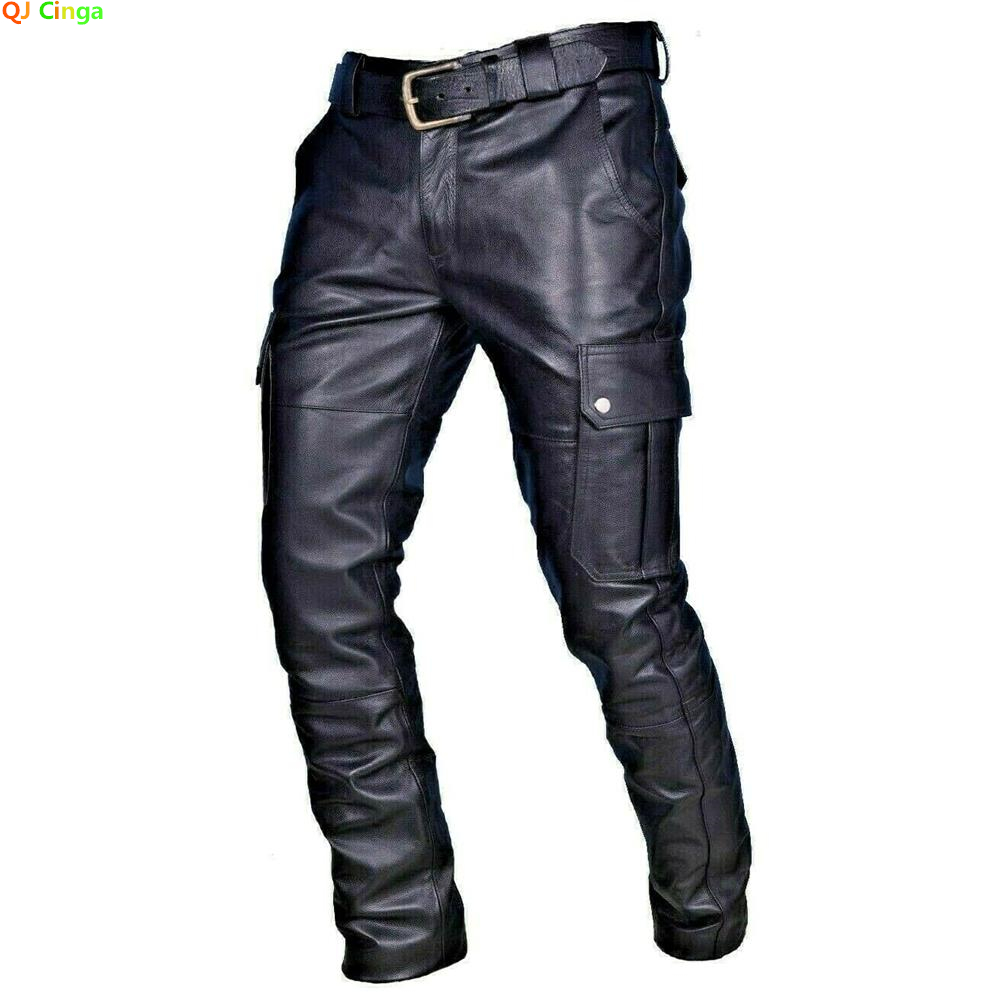 Calças masculinas de couro para motocicleta com bolsos cargo, pretas, calças PU sem cinto, calças masculinas tamanho grande S-5XL