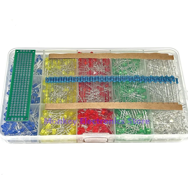 3MM LED light diode F3 component red green yellow white blue 200PCS each 0.25W 220R resistor 100PCS PCB board 2x8 1PCS in box