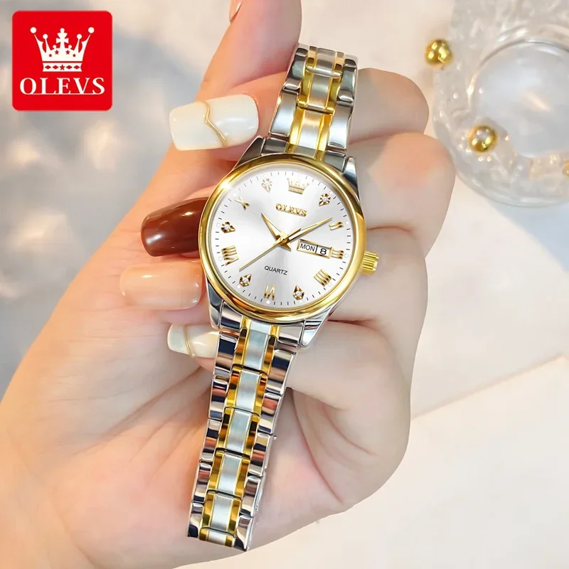 Olevs 5563 หรูหราควอตซ์คู่นาฬิกาสแตนเลสนาฬิกากันน้ําผู้ชายผู้หญิง dual ปฏิทินแฟชั่นนาฬิกามือ