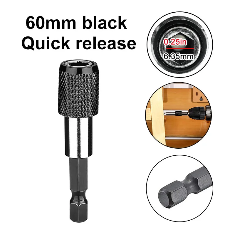 Haste de mudança rápida hexagonal de 60mm, chave de fenda com travamento automático de 6.35mm, acessório de ferramenta elétrica, haste de extensão de manga magnética