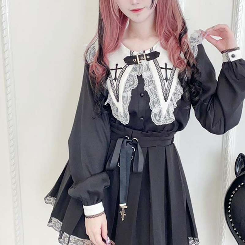 Vitoriano gótico lolita blusas japonês doce renda babados bordado gola de marinheiro camisa feminina estilo punk y2k manga longa topos