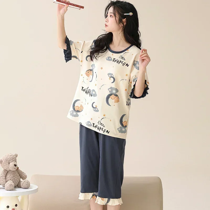 SUKAE-Conjunto de Pijamas para mujer, M-5XL de talla grande hasta la pantorrilla, ropa de dormir con cuello redondo, Pijamas informales cómodos Vintage de algodón para mujer