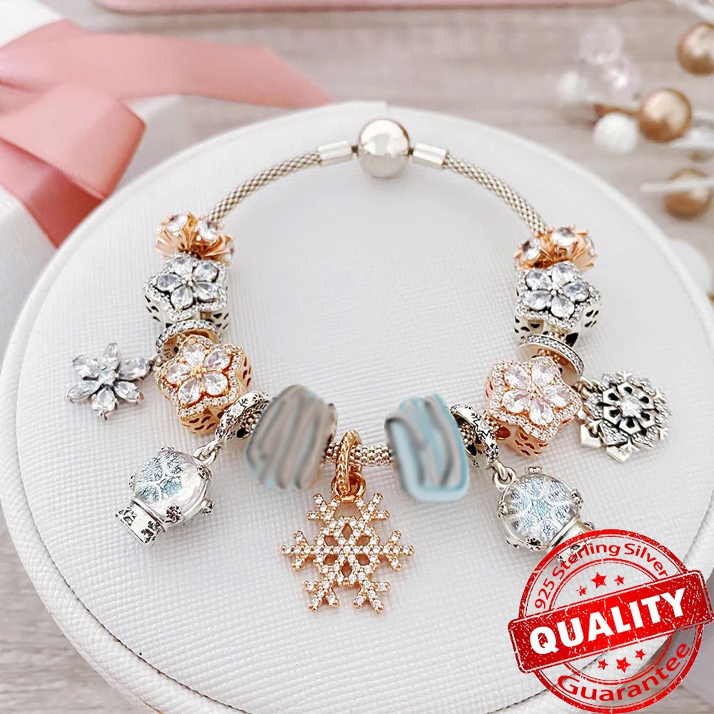 ฤดูหนาว 925 เงินสเตอร์ลิงเล่นสกี Penguin Charm Fit สร้อยข้อมือเดิมสร้อยคอเรขาคณิตเกล็ดหิมะลูกปัดเครื่องประดับ DIY Charm