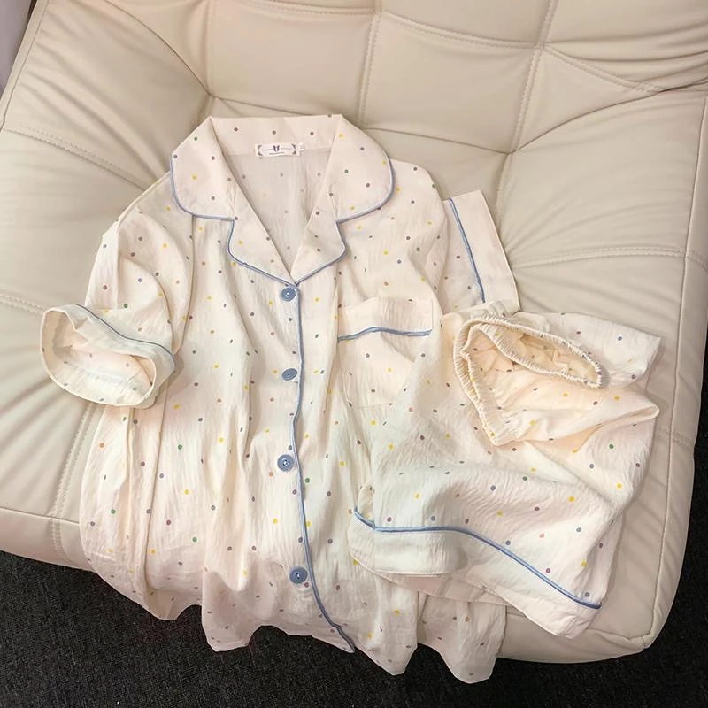 Impressão de bolinhas pijamas femininos pijamas de algodão conjunto topo e shorts 2 peça conjunto casual confortável casa terno roupas doce