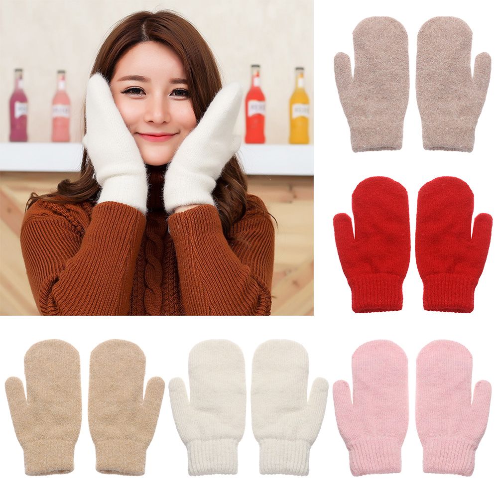 Guantes de pelo de conejo para mujer, manoplas cálidas de felpa de doble capa, versión coreana, Color sólido, todos los dedos, Invierno