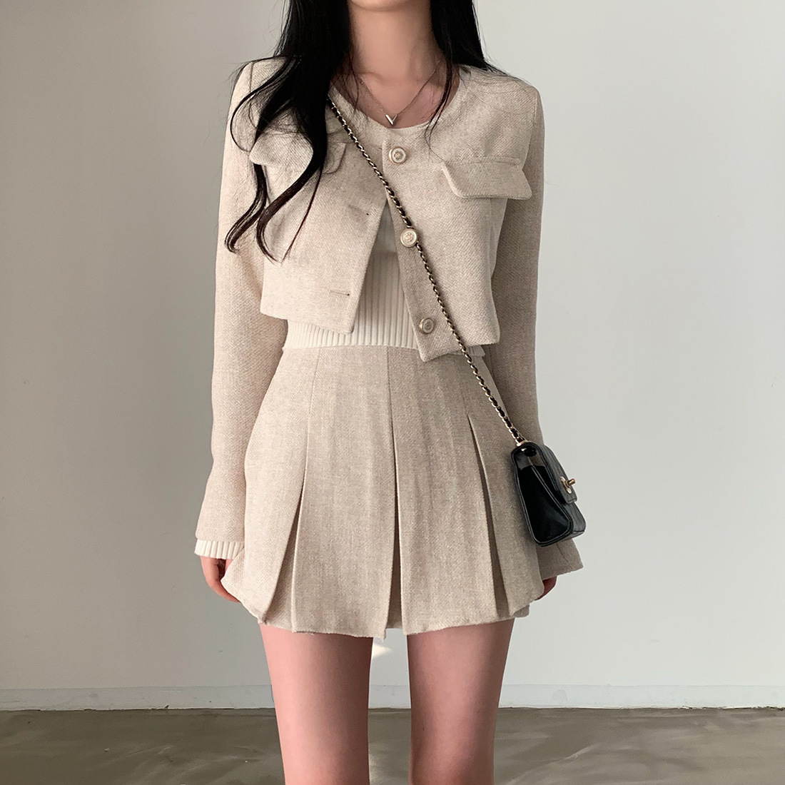 Conjunto de Jaqueta Curta de Tweed e Saia Curta com Forro para Mulheres, Manga Longa, Cor Sólida, Fibra de Poliéster