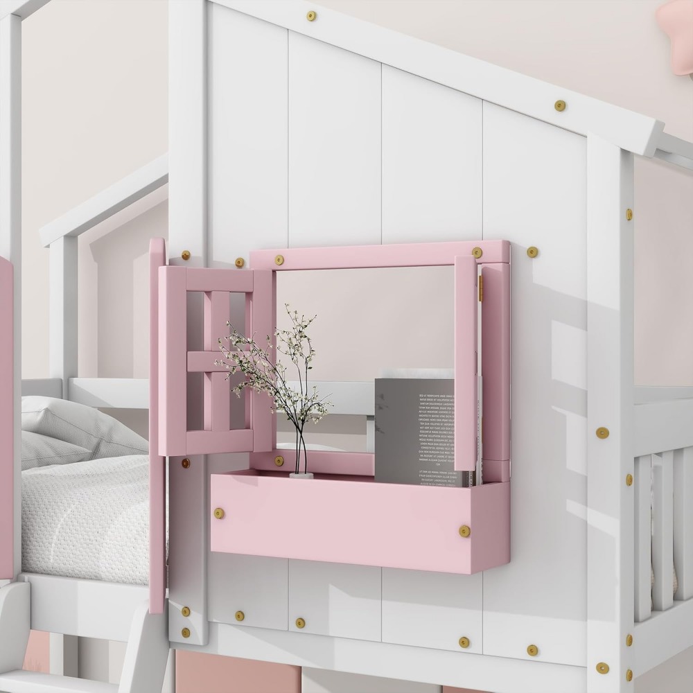 Floor House Bunk Bed with Roof and Window,Built-in Storage Box,Wooden Guardrails with Door/Ladder,Low Bunker Bed Twin Over Twin