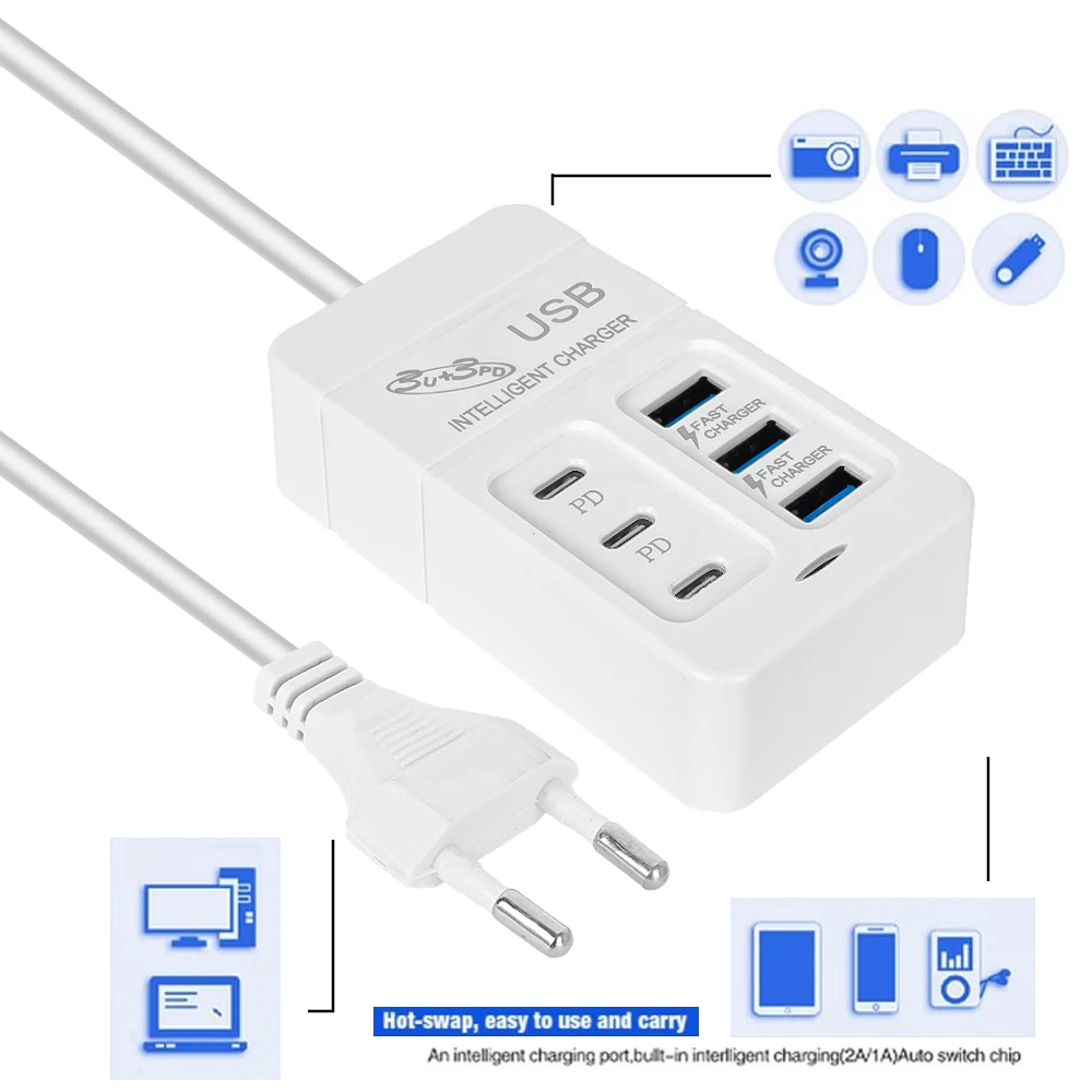 6-портовое многопортовое USB-зарядное устройство 35 Вт PD Type-C для мобильного телефона, быстрая зарядка, быстрая зарядка, настенные зарядные устройства типа C, адаптер-концентратор, вилка стандарта ЕС, США, Великобритании