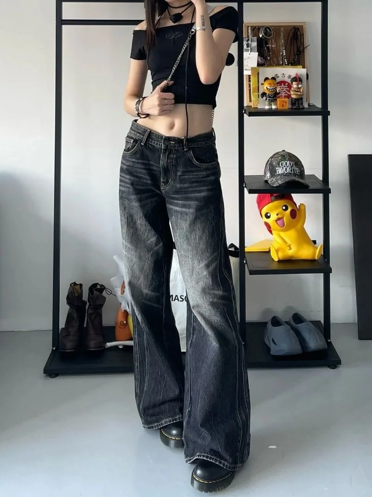 Houzhou grunge y2k preto jeans feminino baggy vintage high street calças jeans de grandes dimensões gótico gyaru 2000s acubi moda jeans